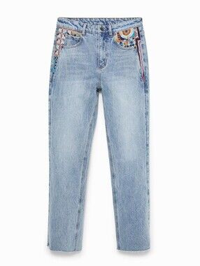 Desigual Light Blue High-Rise Jeans with Multicolor Embroidered Pockets